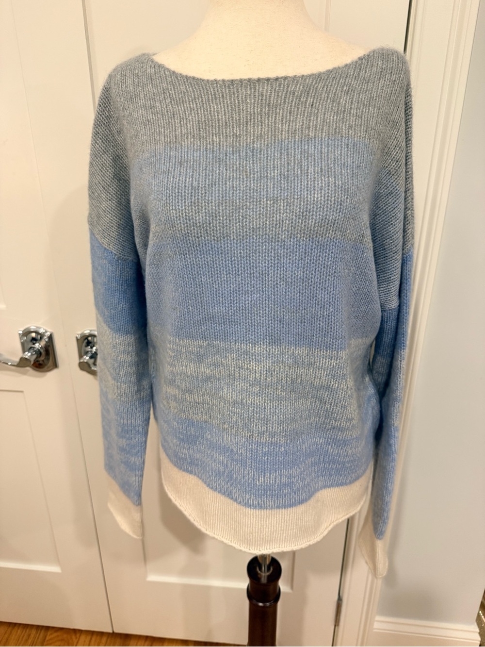Skull Cashmere Crewneck Sweater in Light Blue, Gray & Cream with Graphic - Picture 2 of 15